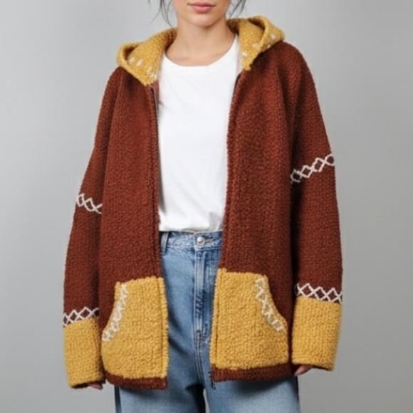 Hand Knit Chunky Hooded Wool Zip Jacket Size L Cozycore Brown Yellow Cozy Knit - Picture 1 of 12